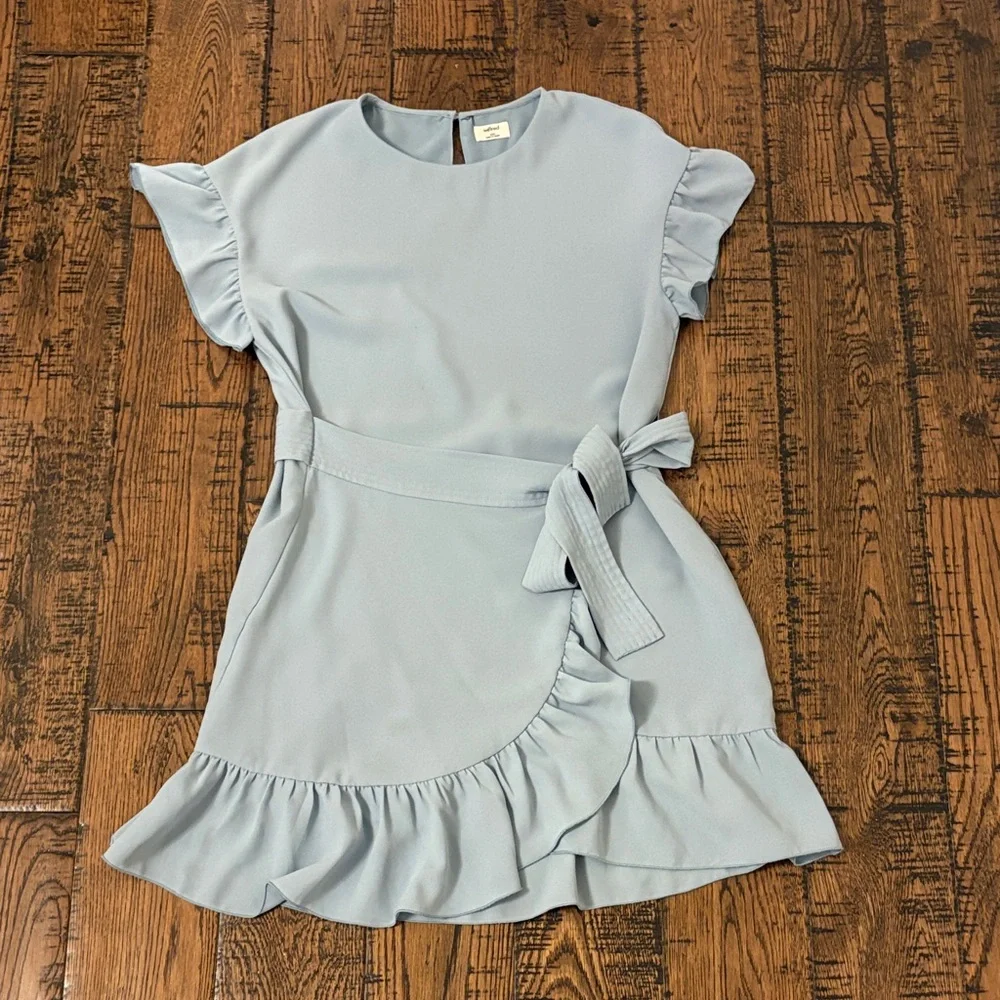 Wilfred Powder Blue Ruffle Wrap Mini Dress - Picture 1 of 10